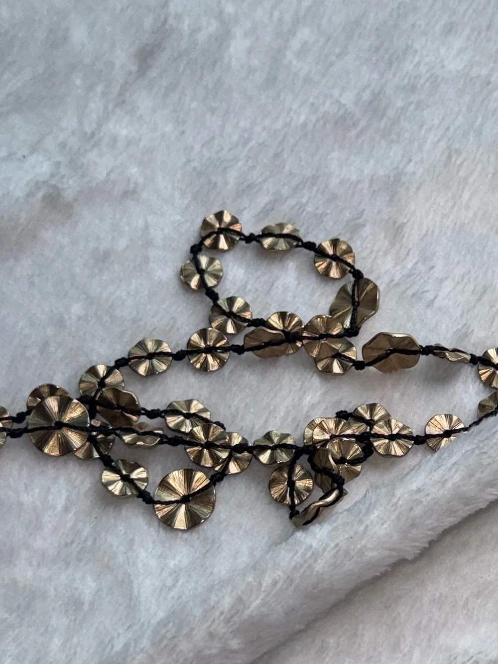 BOHO Necklace Black Cord Matte Gold Tone Textured Discs